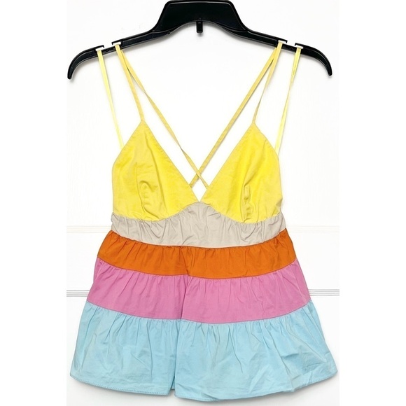 STAUD Colorblock Rainbow Stripe Sleeveless V-Neck Tiered Ruffle Babydoll Top S - Picture 8 of 13